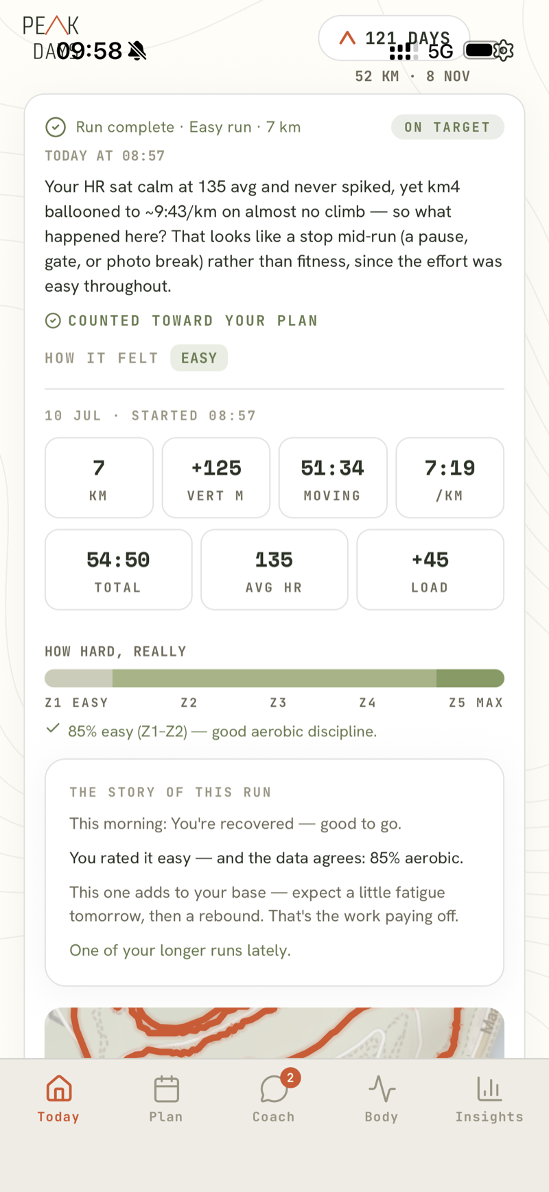 Run complete screen: coach observation about a slow km 4, stats grid, effort zone bar, and The story of this run card