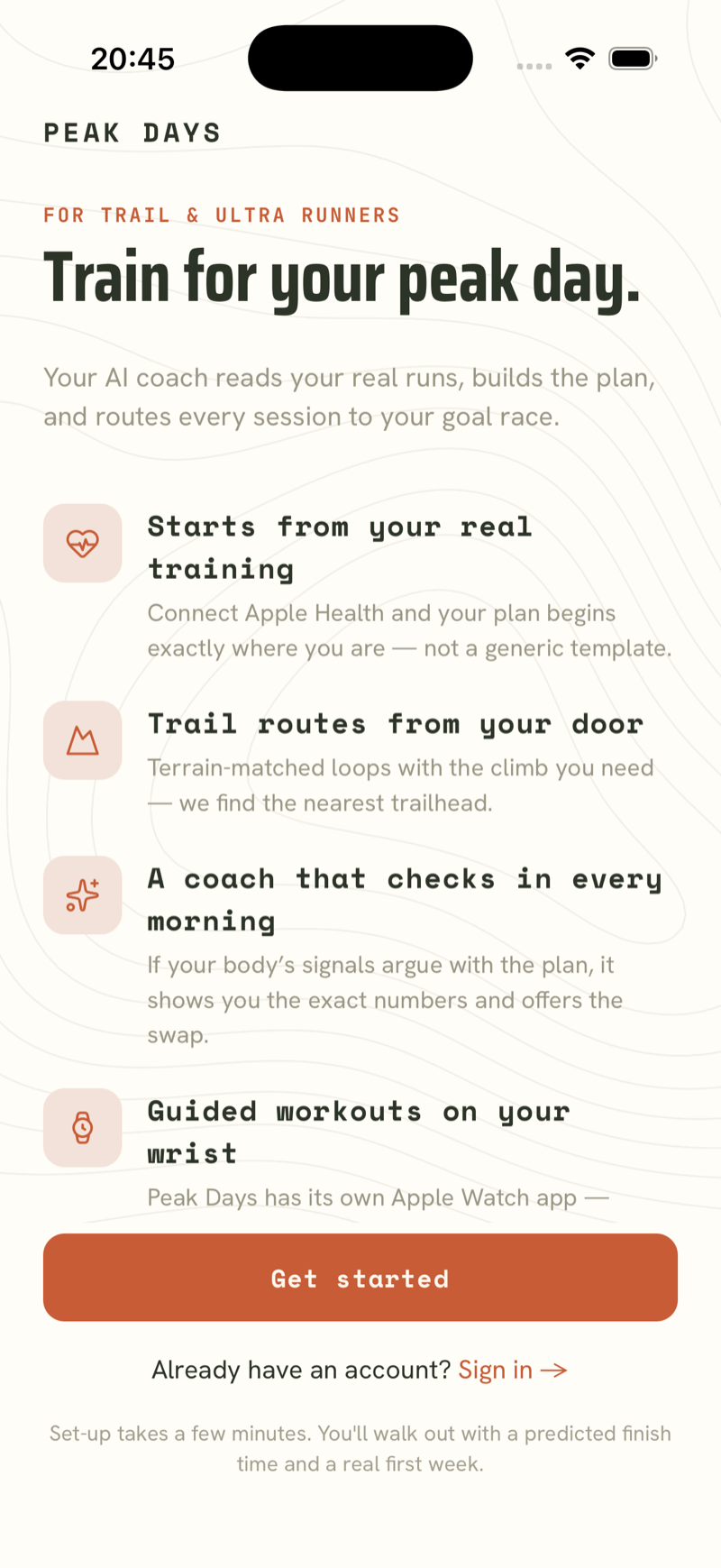 Peak Days welcome screen: Train for your peak day, with four feature rows and a Get started button